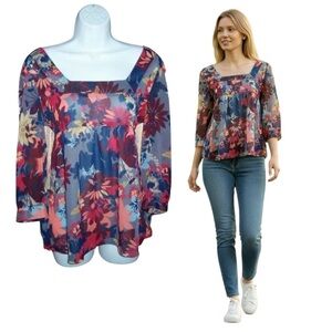 New York & Co Floral Tie Back Semi Sheer Top - Size Medium